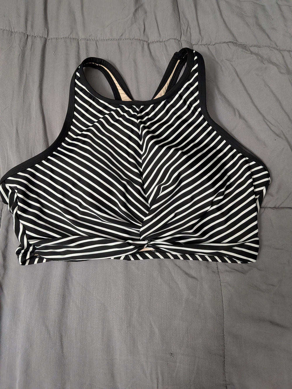 Kona Sol Black & White Striped High Neck Twist-Front Bikini Top Sz L 12-14 Swim